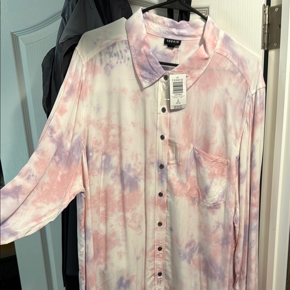 Torrid Artistic Pink and Purple Button Down Shirt